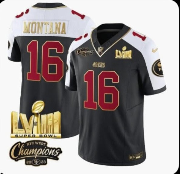 Men San Francisco 49ers #16 Montana Black 2024 Nike  2023 super bowl Patch Vapor NFL Jersey style 1->women nfl jersey->Women Jersey